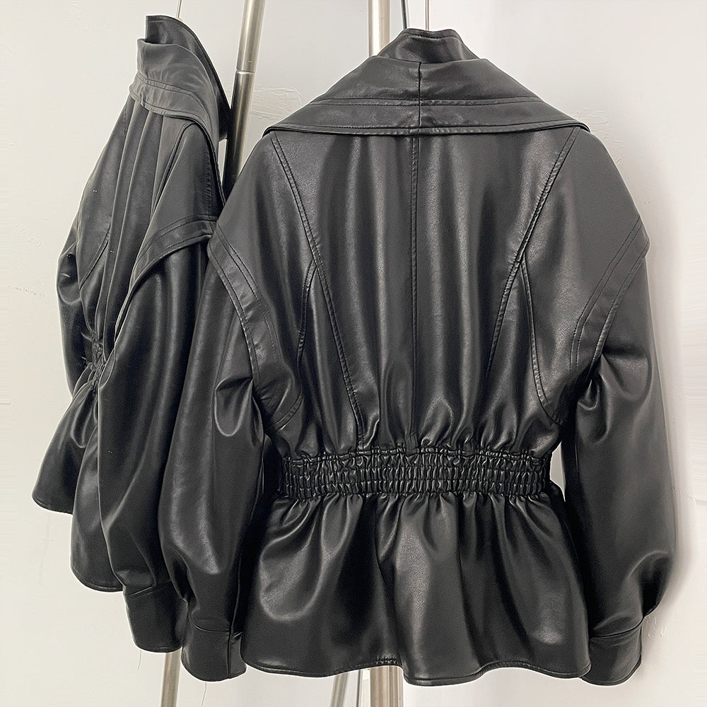 OFTBUY New Women's Faux Leather Jacket Oversized High Neck Zipper Elastic Waist Vintage Coat Female Streetwear Fashion Outerwear