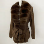 OFTBUY Trim Belted Waist Warm Winter Luxury Fashion Outerwear Sweater Female New Women's Knit Cardigan with Large Real Fox Fur