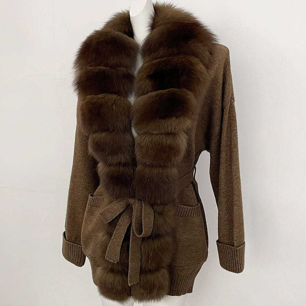 OFTBUY Trim Belted Waist Warm Winter Luxury Fashion Outerwear Sweater Female New Women's Knit Cardigan with Large Real Fox Fur