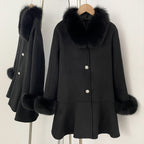 OFTBUY New Women's Wool Coat with Real Fox Fur Colla and Cuffs Luxury Pearl Button Ruffled Hem Winter Warm Outerwear Female