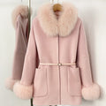 OFTBUY New Autumn Winter Belt Woolen Clothes Women Real Fox Fur Cuffs and Collar 100% Wool Coat Female Natural Fur Pocket Jacket