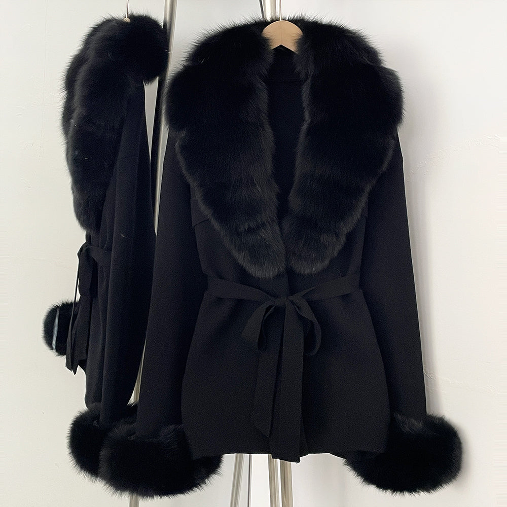 OFTBUY Belt Knit Warm Winter Luxury Casual Fashion Outerwear Sweater Female New Women's Knit Coat with Large Real Fox Fur Collar