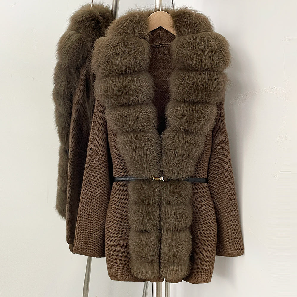 OFTBUY Metal Belt Knit Warm Winter Luxury Fashion Outerwear Sweater Cardigan New Women's Knit Coat with Full Real Fox Fur Front