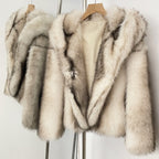 OFTBUY Luxury Hooded Faux Fur Jacket - Premium Vegan Silver Fox Style Cropped Winter Coat