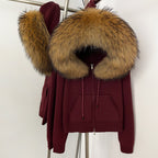 OFTBUY New Women's Beige Knit Hoodie with Large Real Fox Fur Trim Zipper Pockets Warm Winter Fashion Casual Outerwear Lady