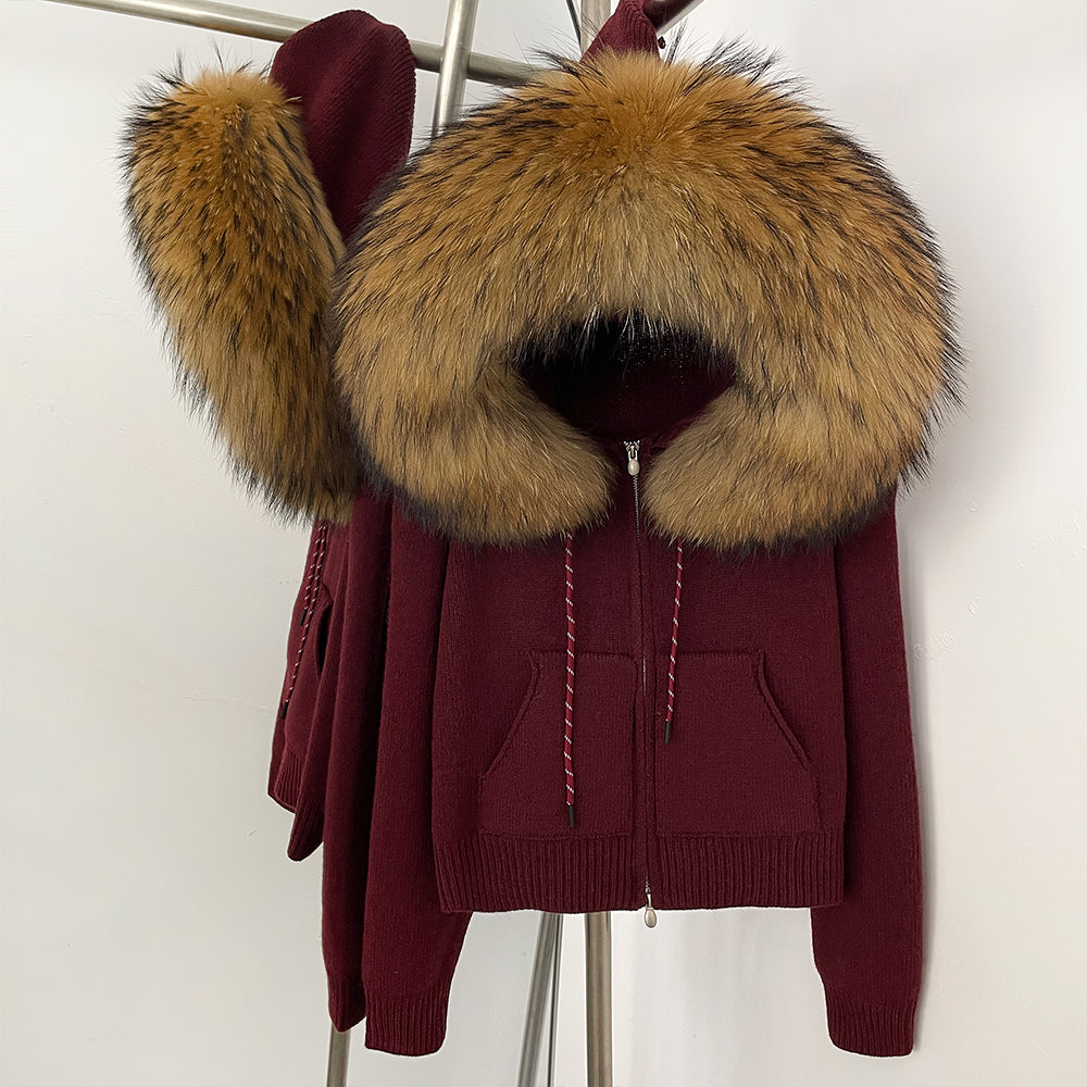 OFTBUY New Women's Beige Knit Hoodie with Large Real Fox Fur Trim Zipper Pockets Warm Winter Fashion Casual Outerwear Lady