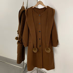 OFTBUY New Women's Hooded Wool Coat with Fur Pom Details Long Single Breasted Winter Warm Elegant Woolen Outerwear Female