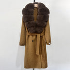 OFTBUY Winter Jacket Women Woolen Blends Coat Natural Real Fox Fur Collar Belt Loose Outerwear Casual Outerwear Streetwear