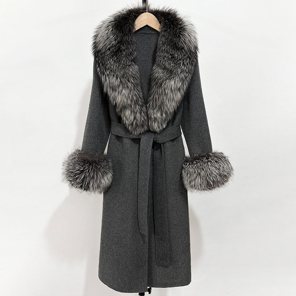 OFTBUY Fashion Warm Woolen Jacket with Real Fox Fur Collar and Cuffs New Autumn Winter Wool Clothing Women Long Belt Outerwear