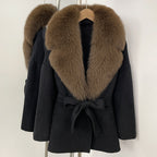 OFTBUY Belted Warm Winter Elegant Fashion Outerwear Lady New Women's Double-Faced Wool Coat with Large Real Fox Fur Collar Cuffs