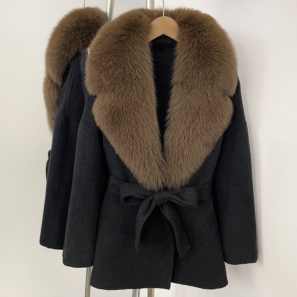 OFTBUY Belted Warm Winter Elegant Fashion Outerwear Lady New Women's Double-Faced Wool Coat with Large Real Fox Fur Collar Cuffs