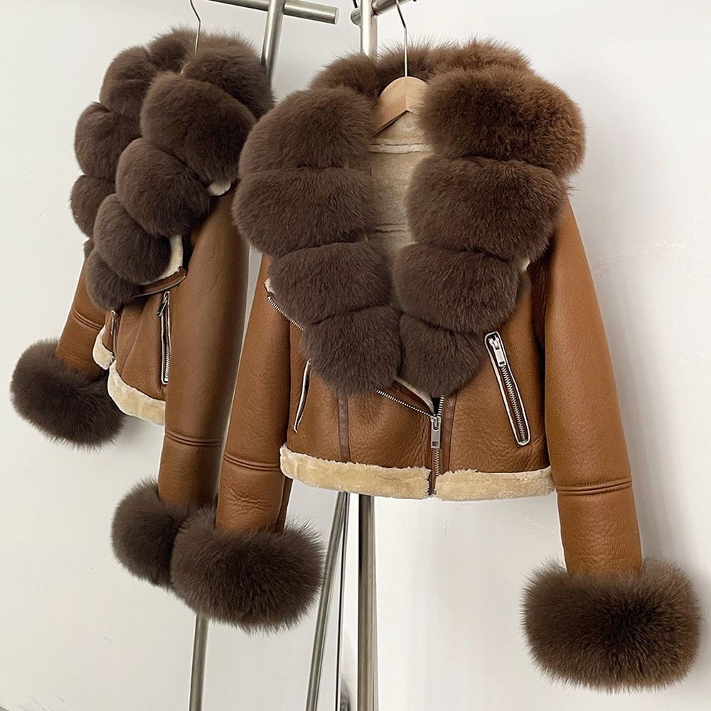OFTBUY New Winter Real Fox Fur Collar and Cuffs Clothes Women Short Faux Leather Fake Fur Inner Jacket Female Thick Warm Coat