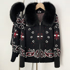 OFTBUY Women's Vintage Real Fox Fur Collar Knit Cardigan Paisley Print Zip Up Sweater Jacket Female Warm Winter Luxury Outerwear