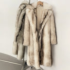OFTBUY Luxury Long-Length Belted Faux Fur Coat - Premium Vegan Silver Fox Style Overcoat with Oversized Lapel