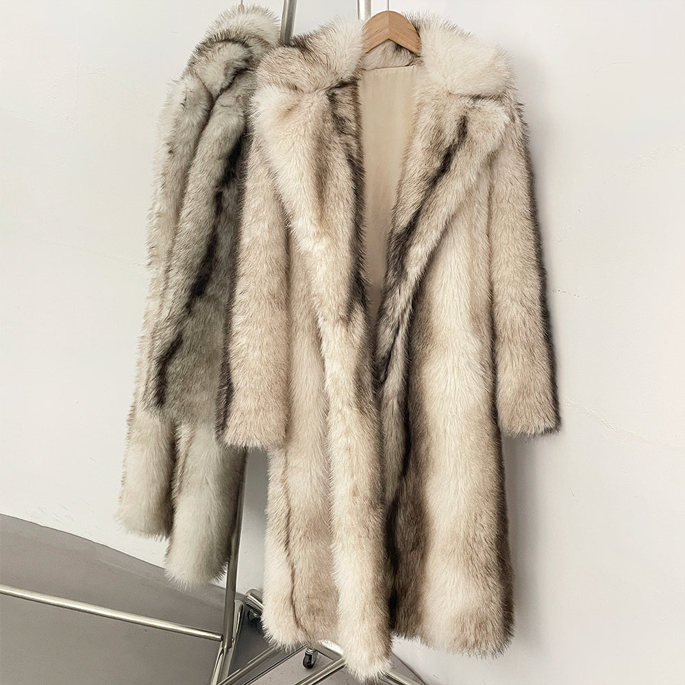 OFTBUY Luxury Long-Length Belted Faux Fur Coat - Premium Vegan Silver Fox Style Overcoat with Oversized Lapel