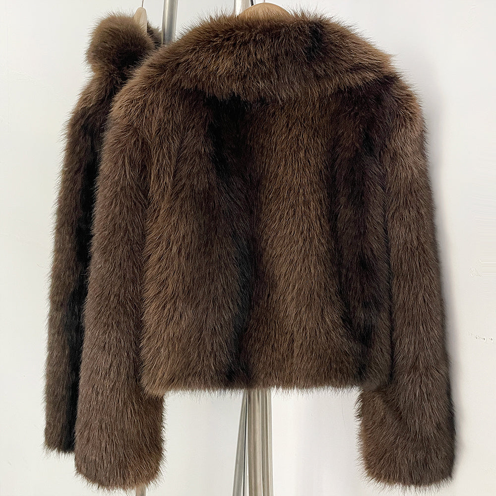 OFTBUY Luxury Oversized Lapel Faux Fur Jacket - Premium Vegan Fur Short Coat for Winter Glamour