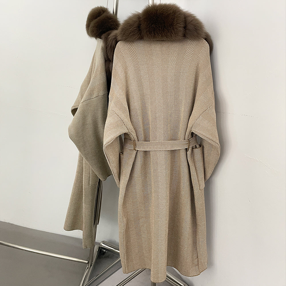 OFTBUY New Women's Knit Coat with Large Real Fox Fur Collar Belted Cardigan Female Winter Elegant Outerwear Warm Long Coat Lady