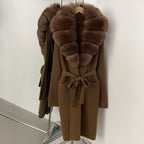 OFTBUY Women's Luxury Brown Knit Cardigan with Real Fox Fur Collar Belted Sweater Coat Female New Fashion Warm Winter Outerwear