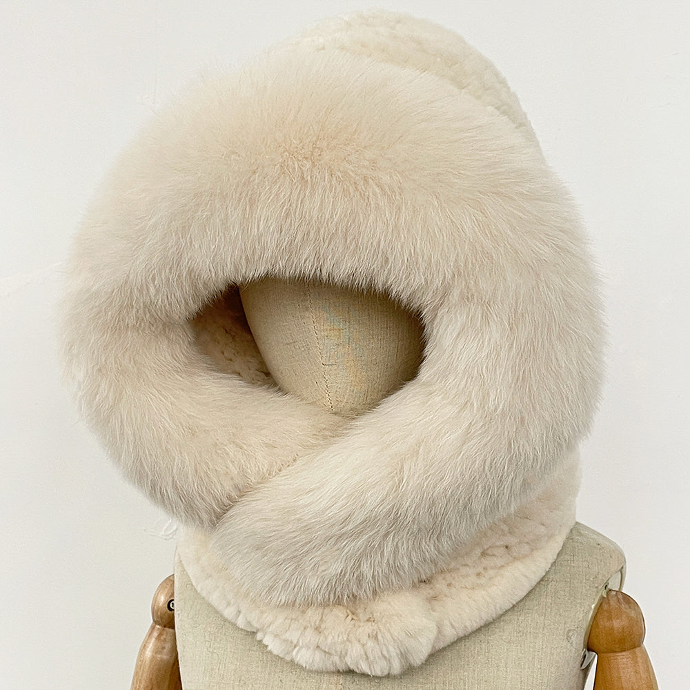 OFTBUY New Winter Thick Warm Windproof Fluffy Neckerchief Female Natural Rabbit Fur Hat with Scarf Women Real Fox Fur Cap Child