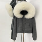 OFTBUY New Women's Beige Knit Hoodie with Large Real Fox Fur Trim Zipper Pockets Warm Winter Fashion Casual Outerwear Lady