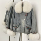 OFTBUY New Autumn Winter Clothes Female Real Fox Fur Goose Down Inner Lid Denim Jacket Women Thick Warm Fur Puffer Jacket Lady