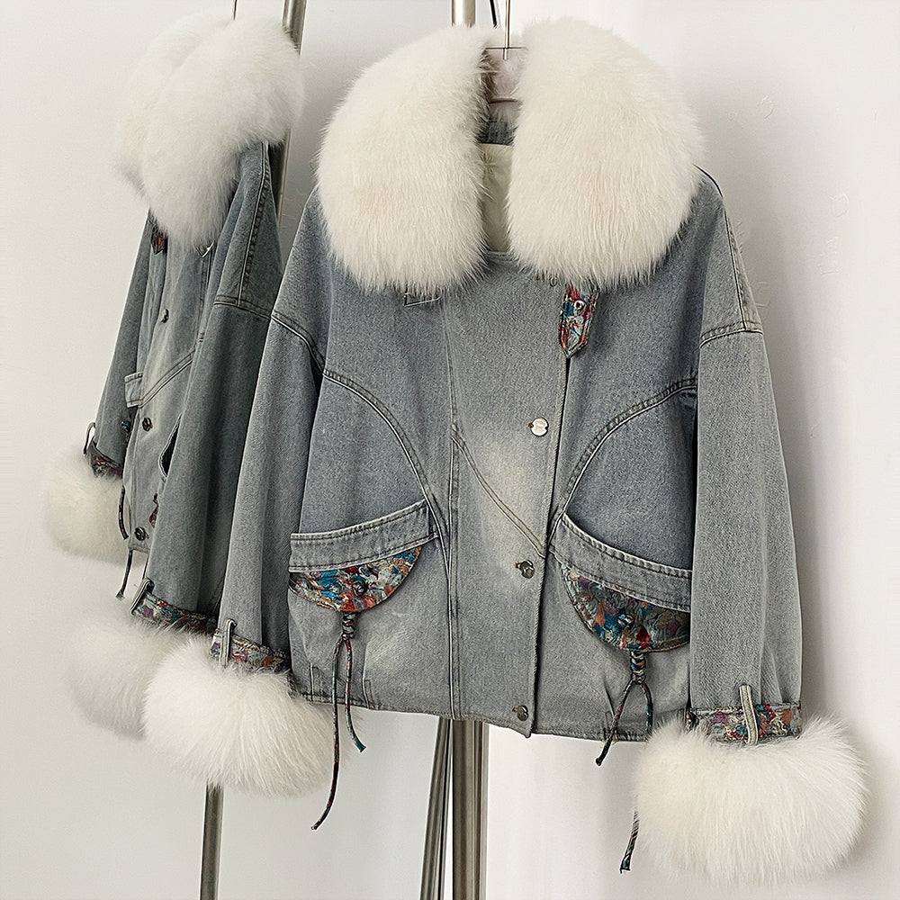 OFTBUY New Autumn Winter Clothes Female Real Fox Fur Goose Down Inner Lid Denim Jacket Women Thick Warm Fur Puffer Jacket Lady