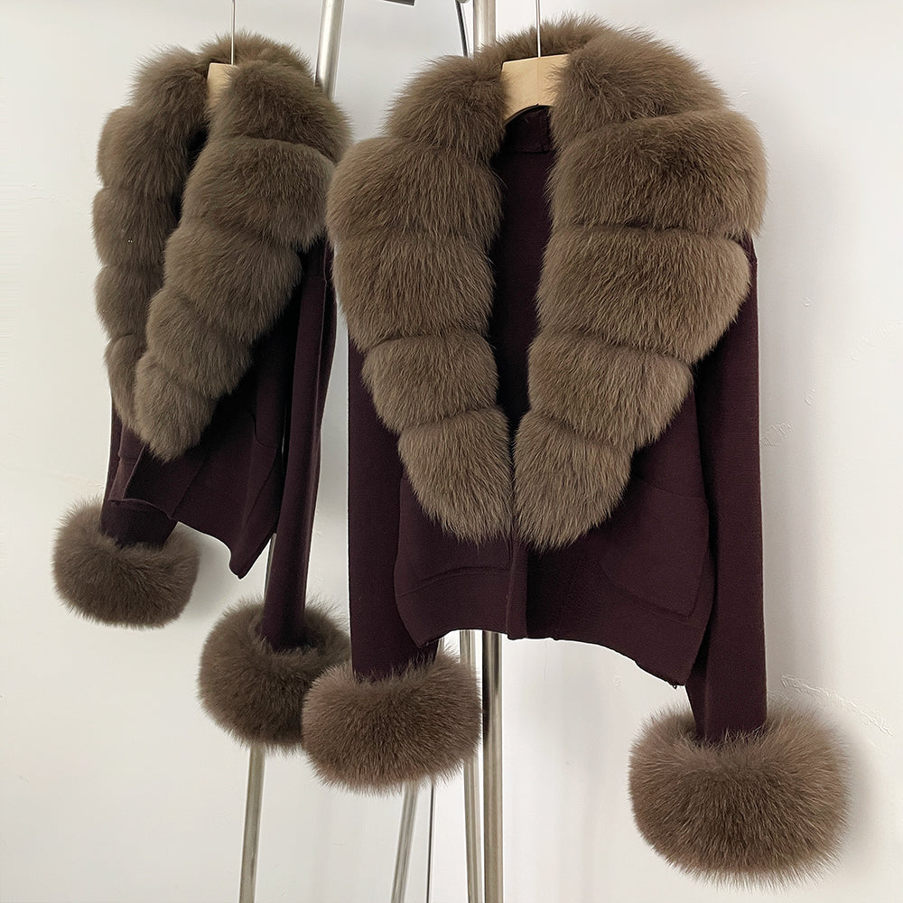 OFTBUY Loose Fit Warm Winter Fashion Lady Outerwear Sweater Female New Women's Knit Cardigan with Large Real Fox Fur Collar