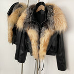OFTBUY Women's Faux Leather Moto Jacket with Real Fox Fur Collar PU Leather Cropped Biker Coat with Lace-Up New Winter Outerwear