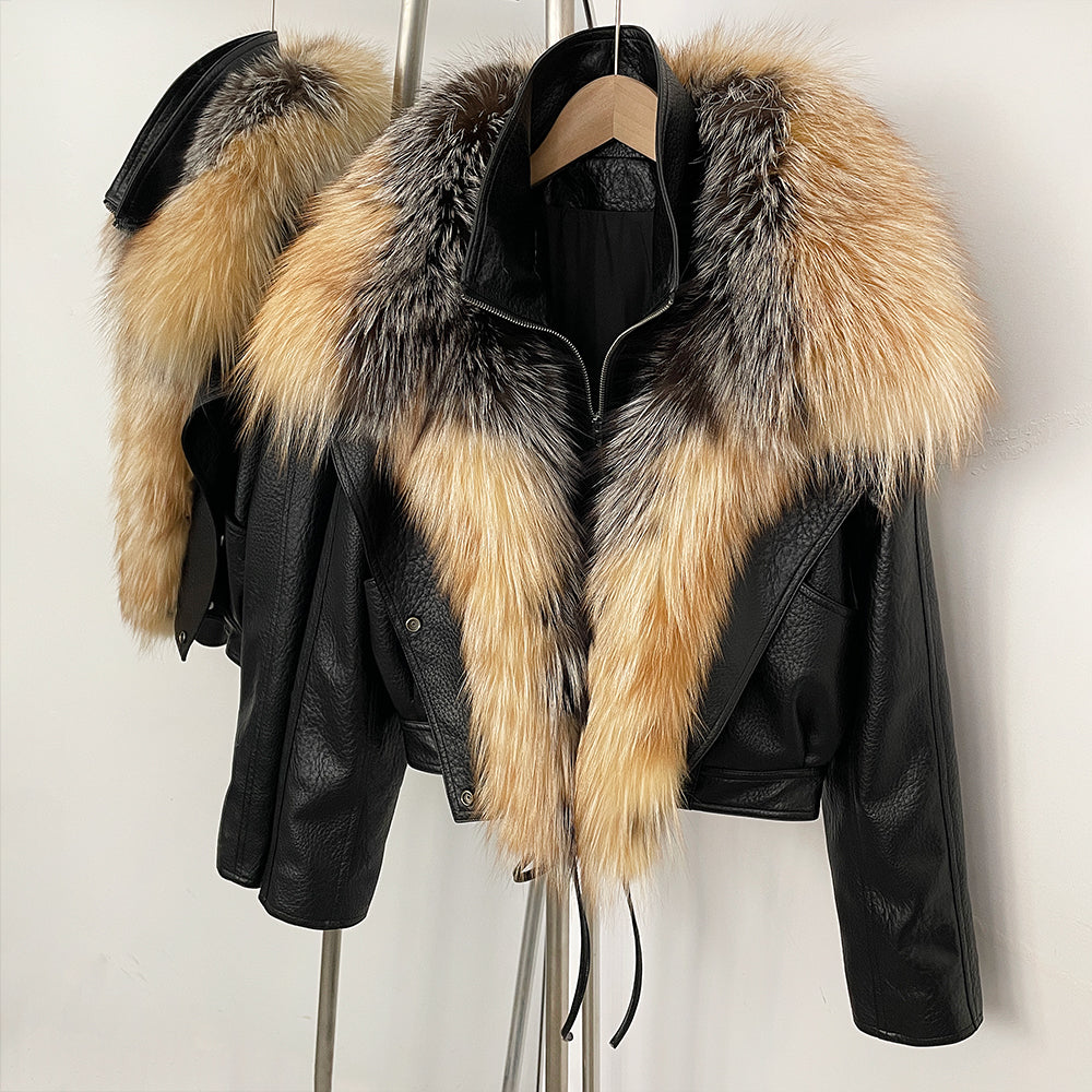 OFTBUY Women's Faux Leather Moto Jacket with Real Fox Fur Collar PU Leather Cropped Biker Coat with Lace-Up New Winter Outerwear