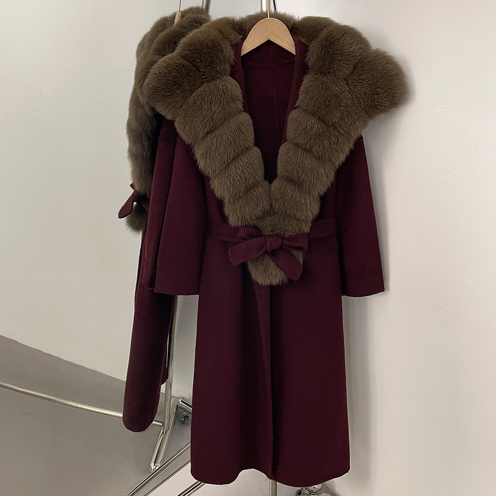 OFTBUY Long Belt Real Fur Wool Coat Female New Autumn Winter Warm Clothes Women Natural Fox Fur Collar Cashmere Woolen Jacket