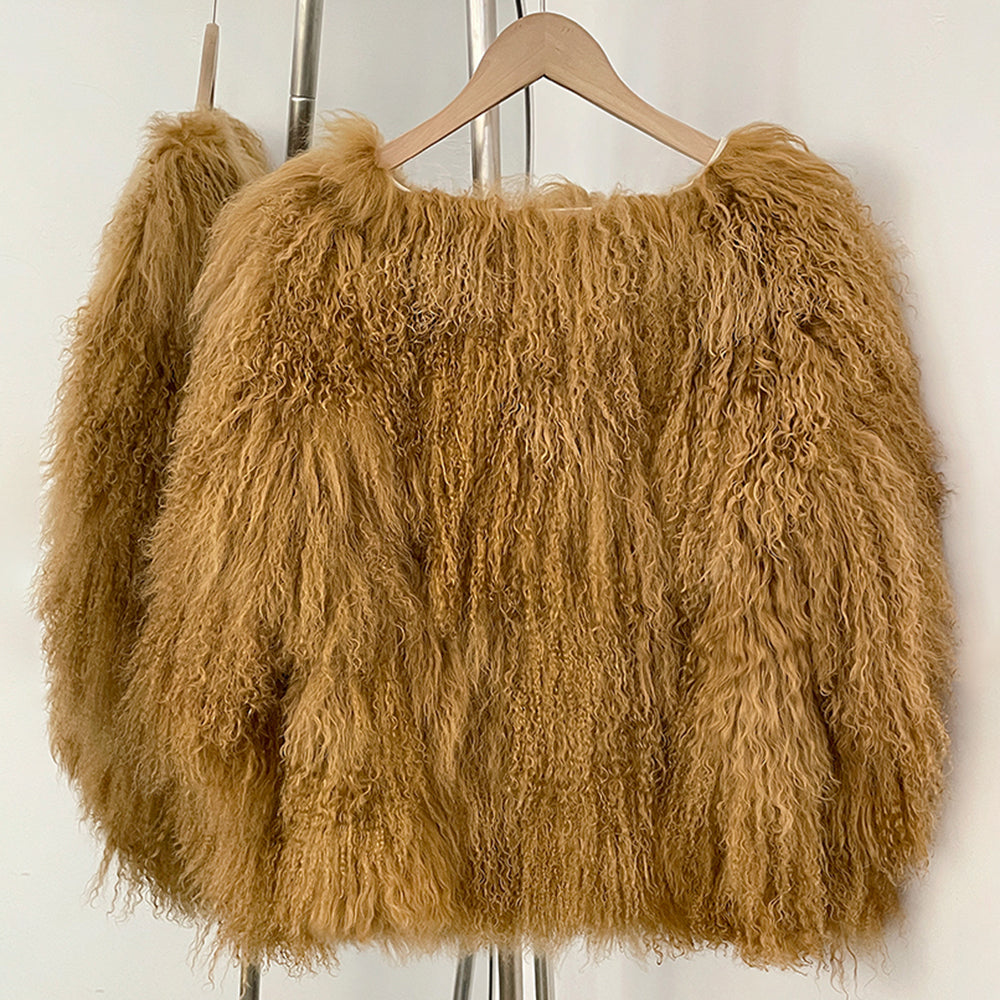 OFTBUY Warm Thick New Autumn Winter Luxury Outerwear Women's Camel Real Mongolian Sheep Fur Coat Curly Natural Fur Jacket Female