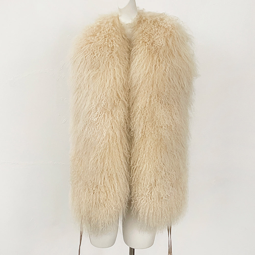 OFTBUY Solid Deep V-Neck Backless Bandage Sleeveless Jackets Fluffy Luxury Real Mongolian Fur Halter Vests Women Outerwear Coat