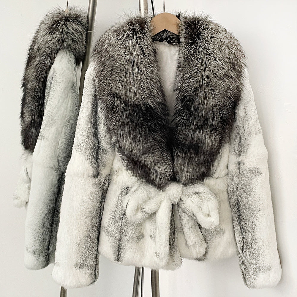 OFTBUY Fashion Thick Warm Real Rabbit Fur Coat Lady New Autumn Winter Top Clothes Women Long Sleeve Fox Fur Collar Fluffy Jacket