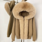 OFTBUY Luxury Viscose Blend Knitted Jacket with Real Fox Fur Hood & Trim - Premium Zip-Up Sweater with Oversized Fur Collar