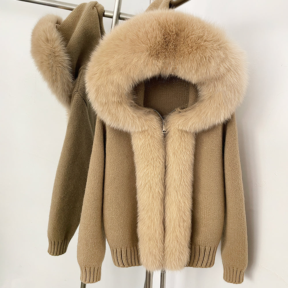 OFTBUY Luxury Viscose Blend Knitted Jacket with Real Fox Fur Hood & Trim - Premium Zip-Up Sweater with Oversized Fur Collar