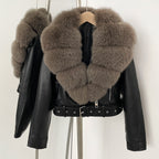 OFTBUY Natural Fox Fur Faux Leather Jacket Female New Autumn Short Top Clothing Women Long Sleeve Fake Leather Real Fur Coat