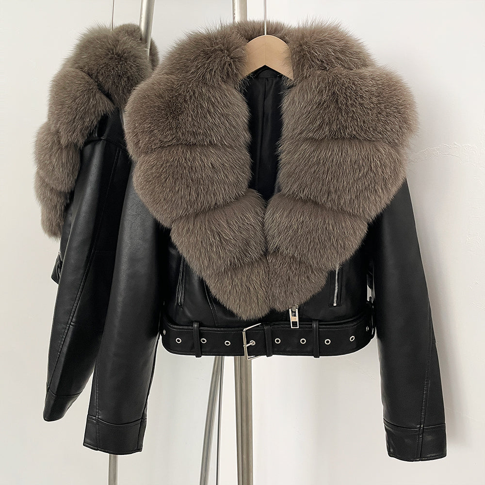 OFTBUY Natural Fox Fur Faux Leather Jacket Female New Autumn Short Top Clothing Women Long Sleeve Fake Leather Real Fur Coat