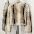 OFTBUY Luxury Collarless Faux Fur Jacket - Chic Short Fluffy Vegan Fur Coat for Women