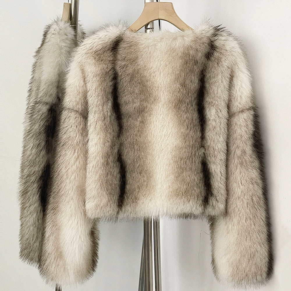 OFTBUY Luxury Collarless Faux Fur Jacket - Chic Short Fluffy Vegan Fur Coat for Women