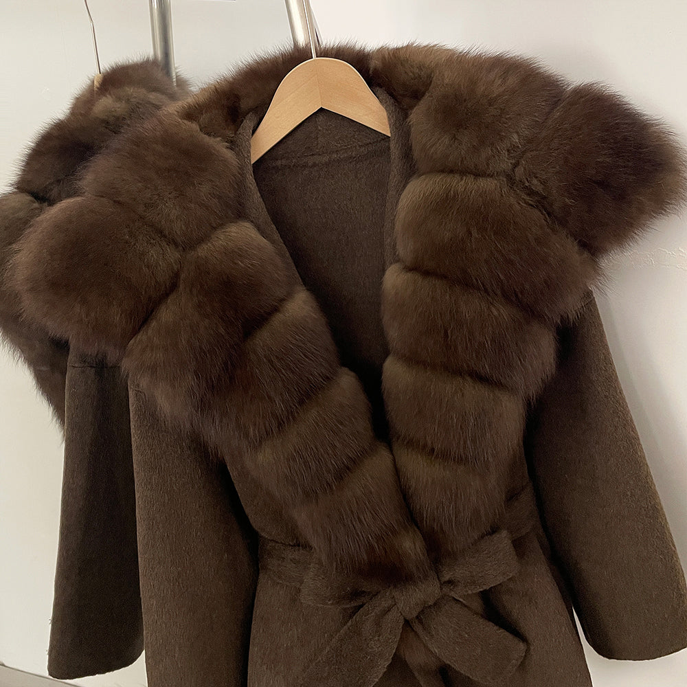 OFTBUY Belt Real Fox Fur Wool Coat Female New Autumn Winter Warm Clothes Women Natural Fox Fur Collar Cashmere Woolen Jacket