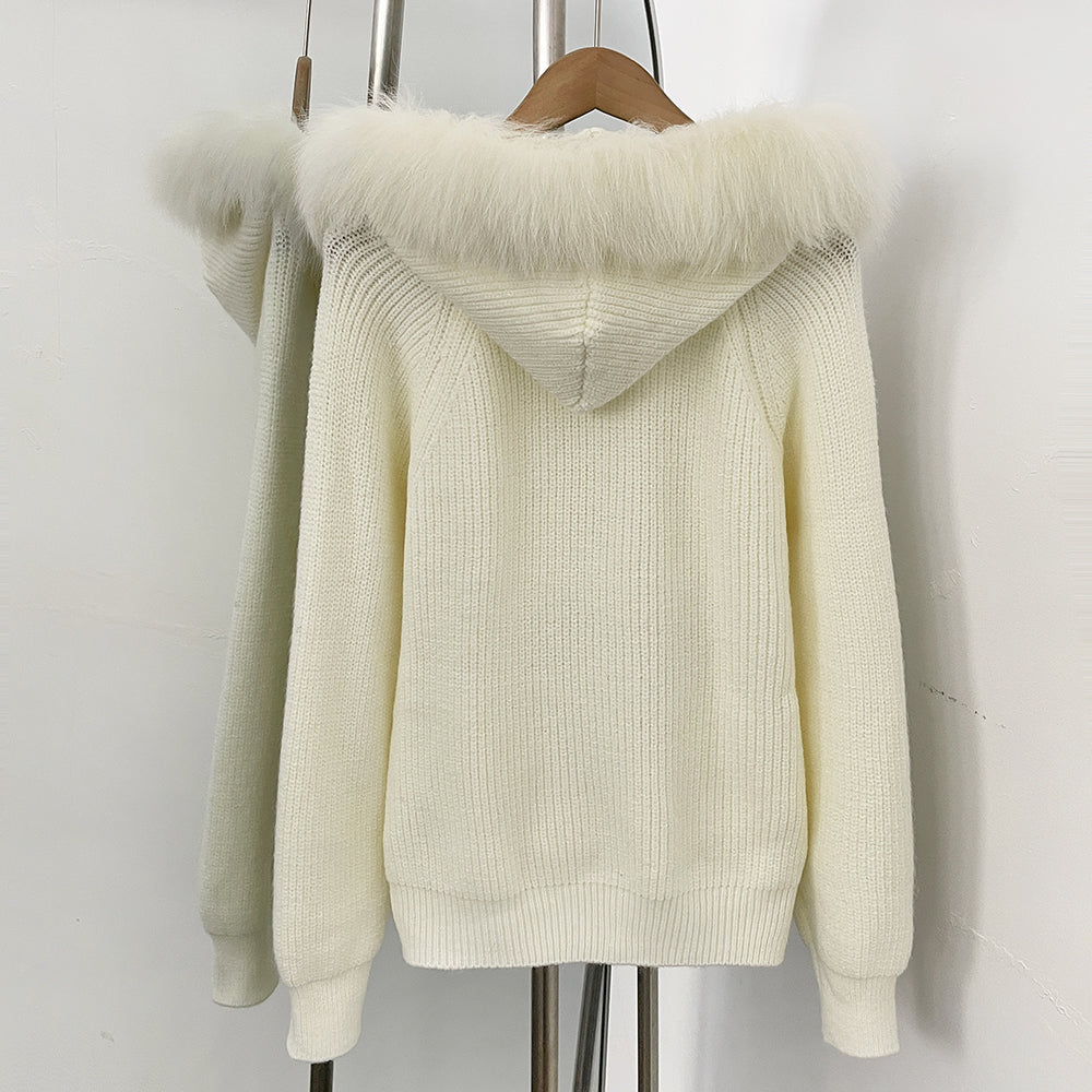 OFTBUY Natural Fur Knitted Sweater Jacket Hooded Real Fox Fur Cardigan Coat Women New Autumn Winter Zipper Warm Clothes Female