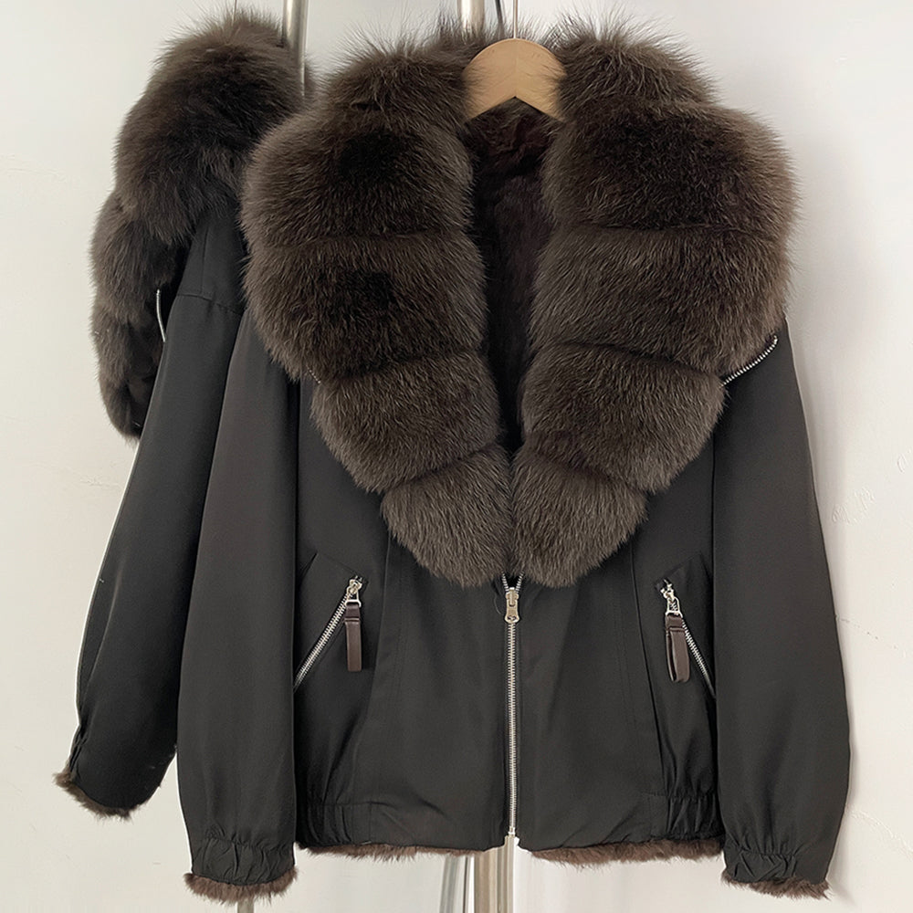 OFTBUY Luxury Real Fox Fur Collar Parka - Premium Real Rabbit Fur Lined Bomber Jacket for Extreme Cold