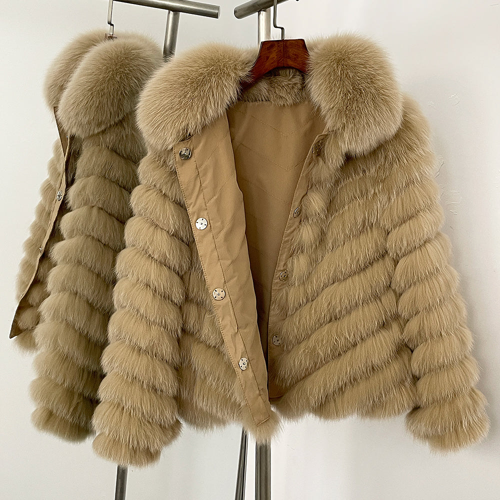 OFTBUY 2-in-1 Reversible Luxury Jacket - 100% Real Fox Fur Coat & Windproof Winter Parka
