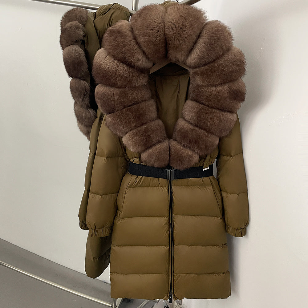 OFTBUY New Natural Thick Warm Duck Down Coat Female Long Winter Jacket Women Real Big Fox Fur Collar Belt Loose Puffer Parka