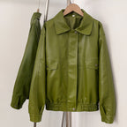 OFTBUY New Autumn Green Faux Leather Jacket Women Loose Long Sleeve Elastic Hem Biker Coat Female PU Leather Overcoat Outerwear