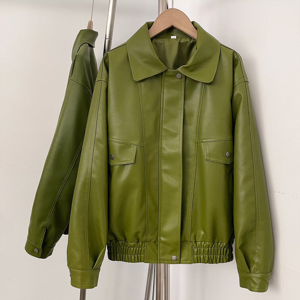 OFTBUY New Autumn Green Faux Leather Jacket Women Loose Long Sleeve Elastic Hem Biker Coat Female PU Leather Overcoat Outerwear