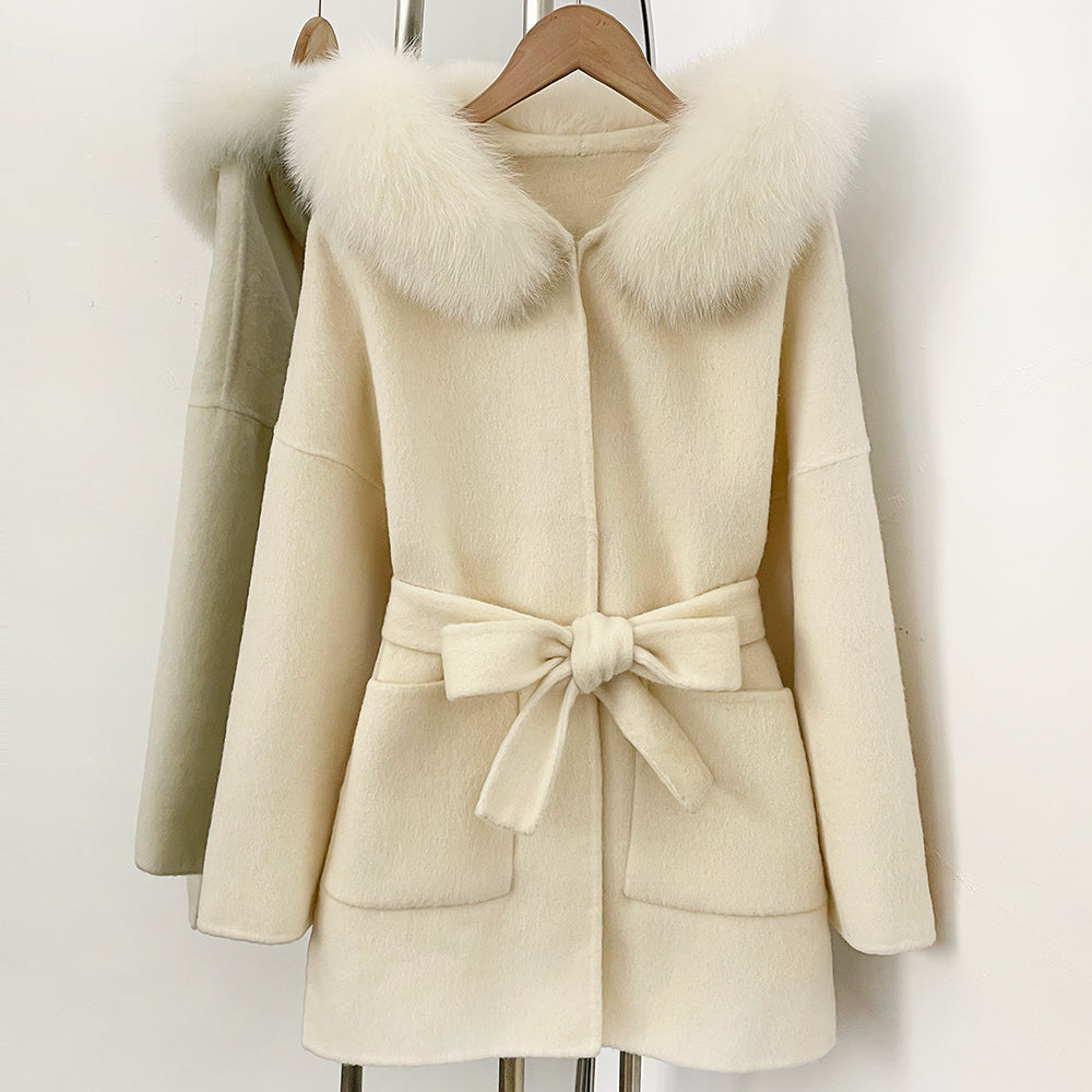 OFTBUY New Autumn Winter Top Clothes Female Hooded Natural Fur Collar 100% Wool Jacket Women Belt Real Fox Fur Woolen Coat