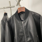 OFTBUY Women's Short Black Faux Leather Cropped Bomber Jacket Ribbed Trim PU Aviator Coat Female New Casual Vintage Outerwear