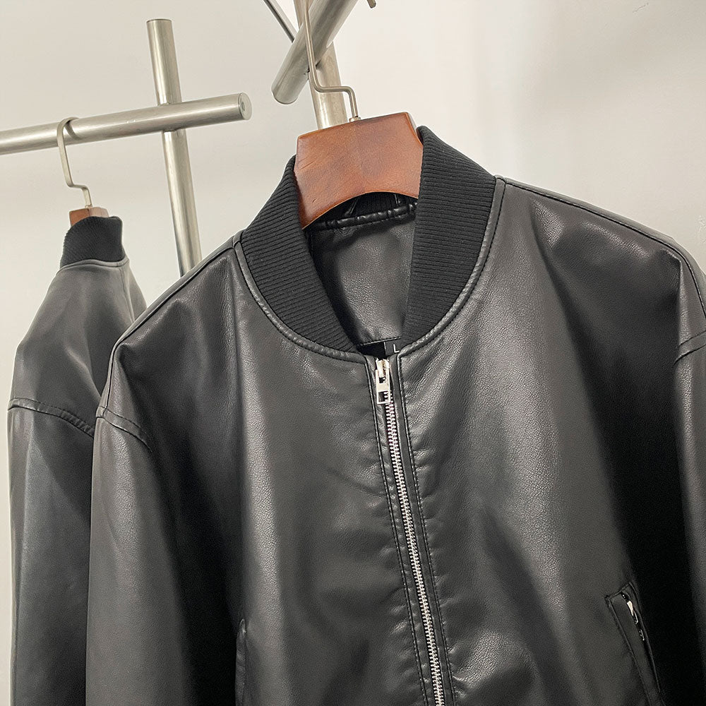 OFTBUY Women's Short Black Faux Leather Cropped Bomber Jacket Ribbed Trim PU Aviator Coat Female New Casual Vintage Outerwear