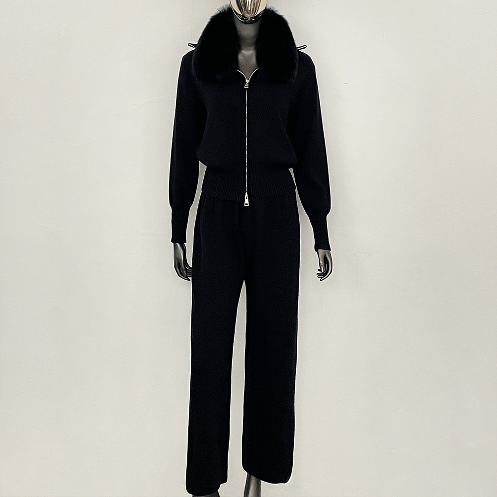 OFTBUY Winter New Women's Knitted Tracksuit Set with Fox Fur Collar Zipper Jacket Wide Leg Pants Luxury Casual Two-Piece Outfit
